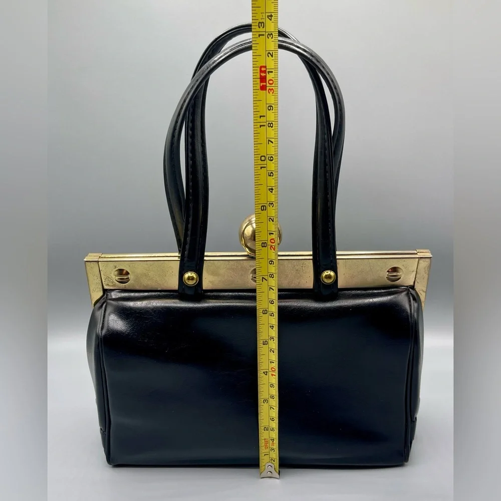 Vintage 1960s Faux Leather Handbag, Black, Ball Clasp, Framed, Art Deco